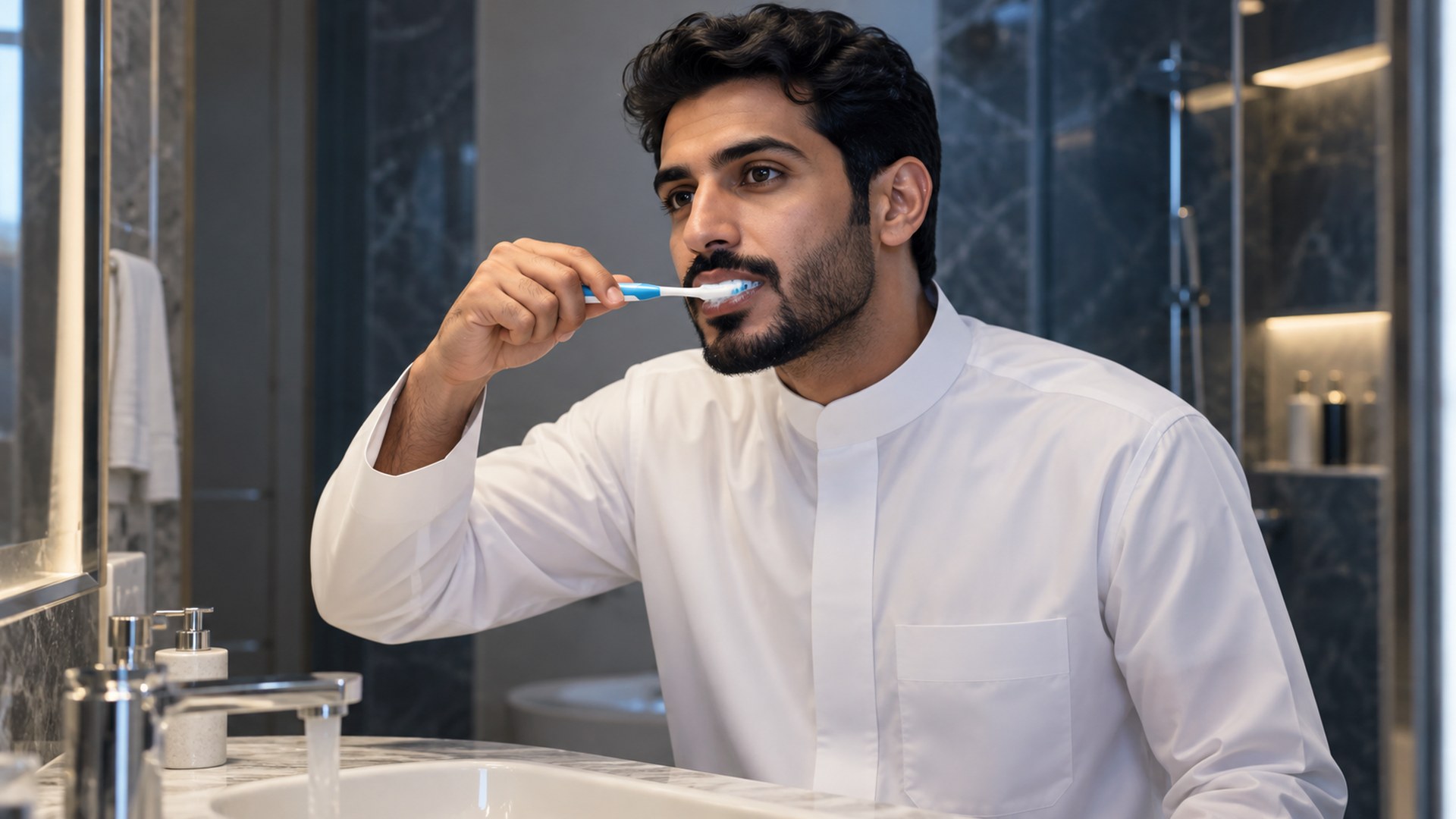رجل سعودي يفرّش أسنانه بلطف عند مغسلة نظيفة