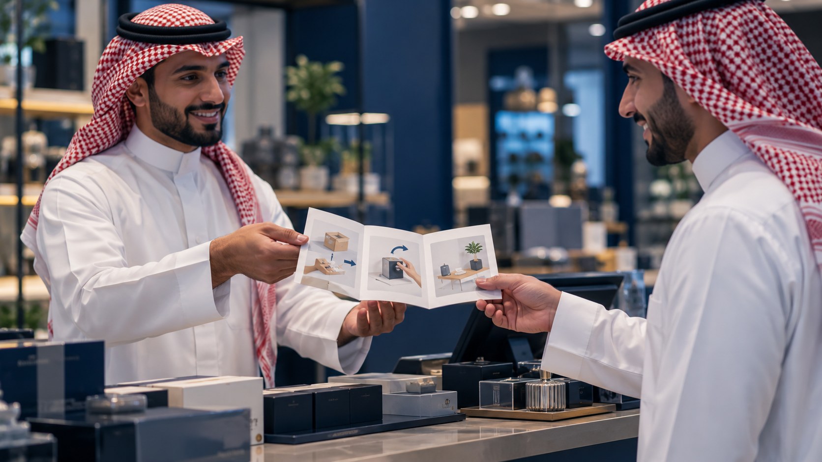 رجل سعودي يسلّم دليلاً مطبوعاً لعميل مبتسم عبر طاولة المحل