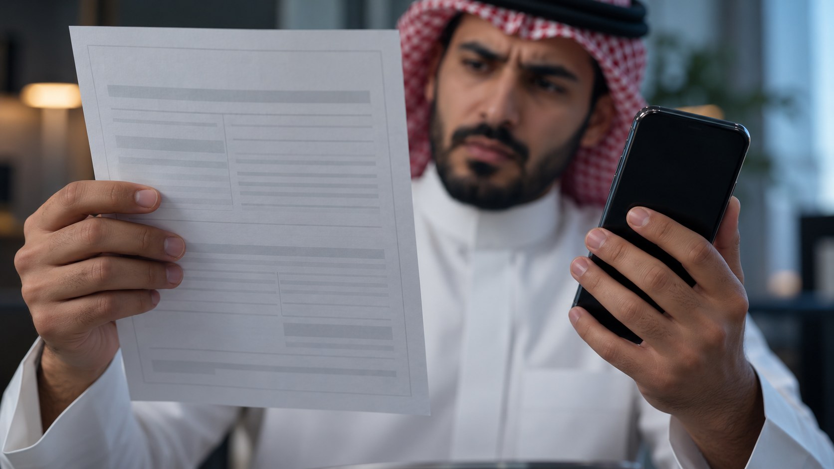 يدا رجل سعودي تمسكان سجلاً تجارياً مطبوعاً بجانب جوال ووجهه المحتار خلفهما