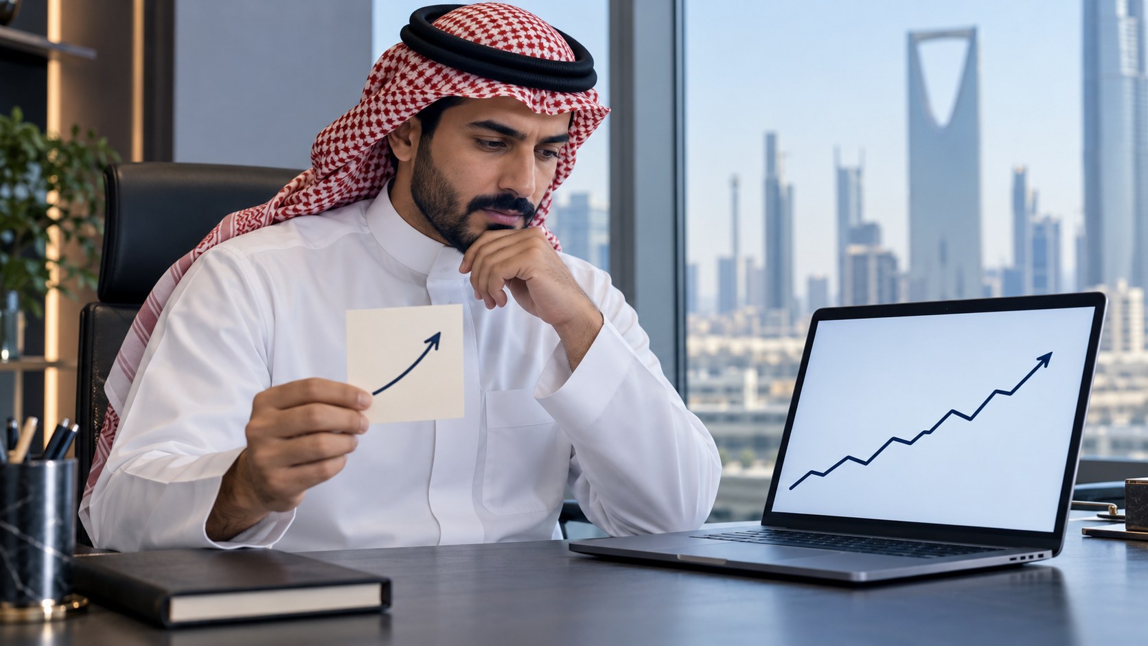 رجل سعودي يقارن بطاقة كتب عليها هدفه برسم بياني على اللابتوب