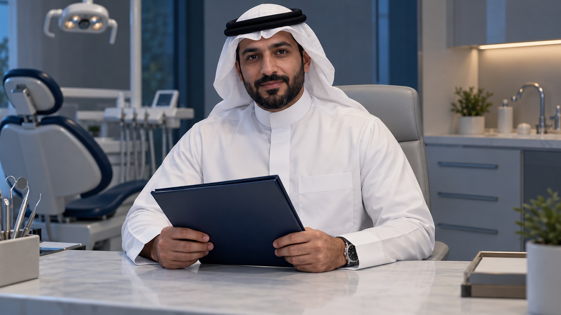 رجل سعودي يمسك ملف سجلات أسنانه المغلق على مكتب استشارة في العيادة