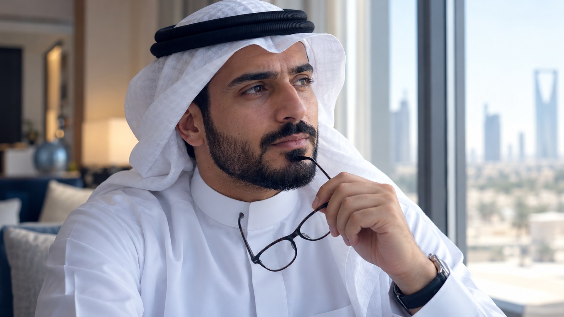 رجل سعودي يمسك نظارته الطبية متأملاً بجانب نافذة مضيئة
