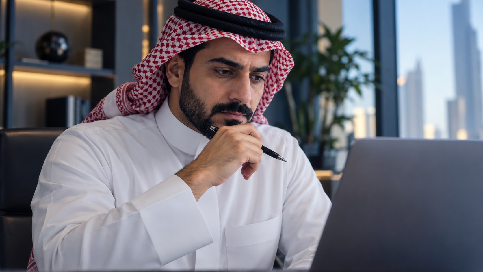 رجل سعودي يمسك قلماً ويتوقف متأملاً أمام بيانات على اللابتوب