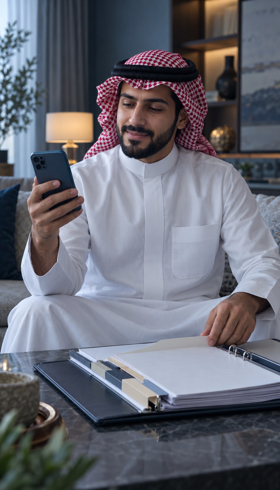 رجل سعودي يمسك جواله بجانب ملف سجلات أسنان مرتب في بيته