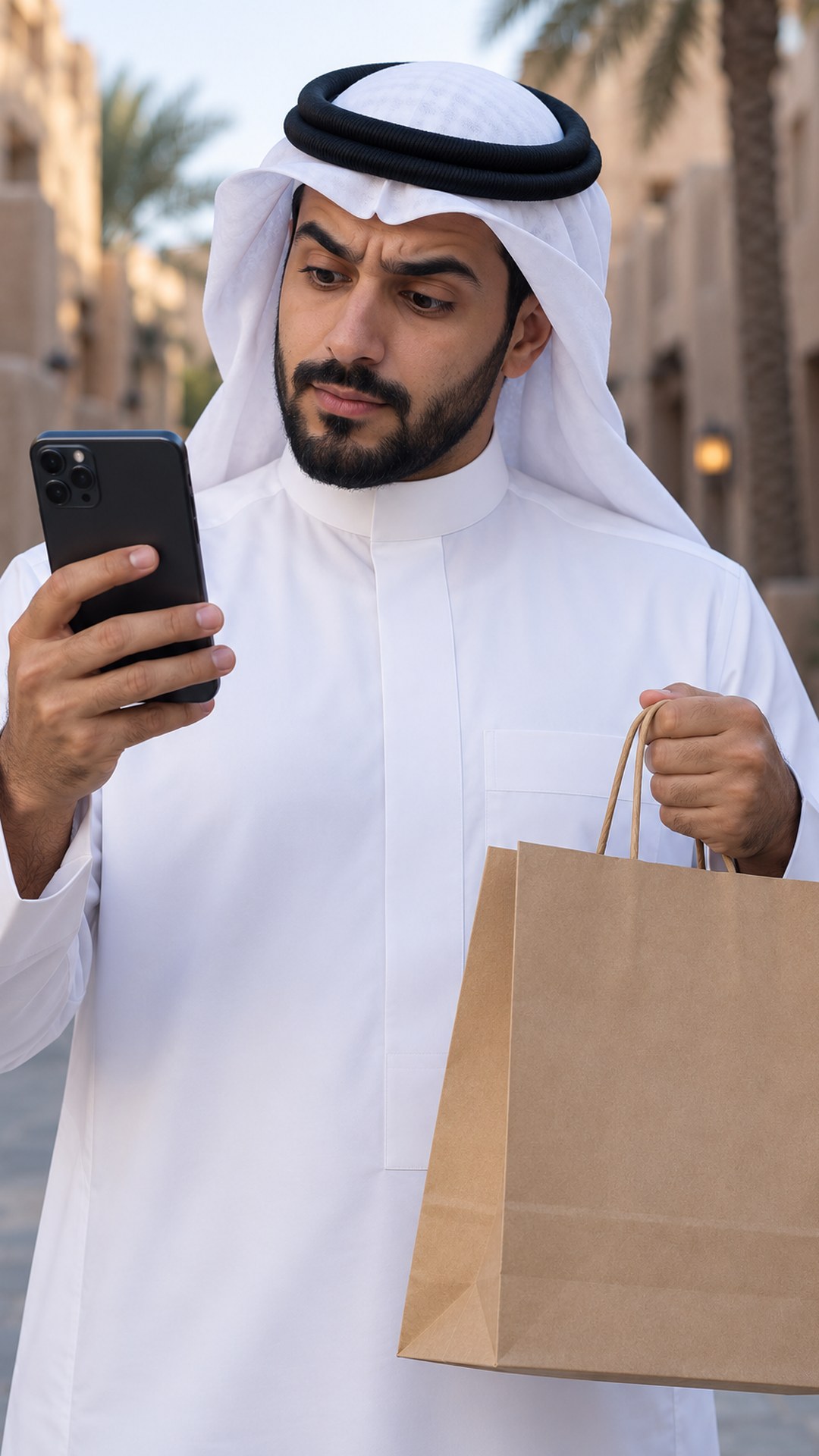 رجل سعودي يمسك جواله في يد وكيس تسوق ورقياً في الأخرى بفضول