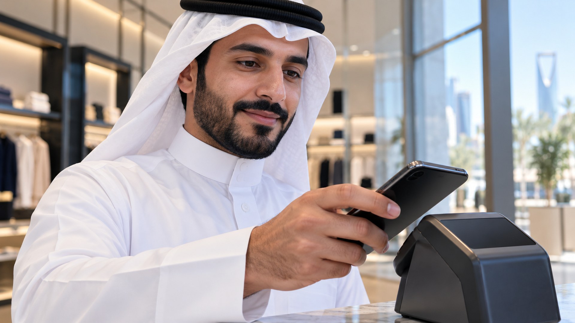 رجل سعودي يقرّب جواله من جهاز دفع في متجر مضيء بالرياض