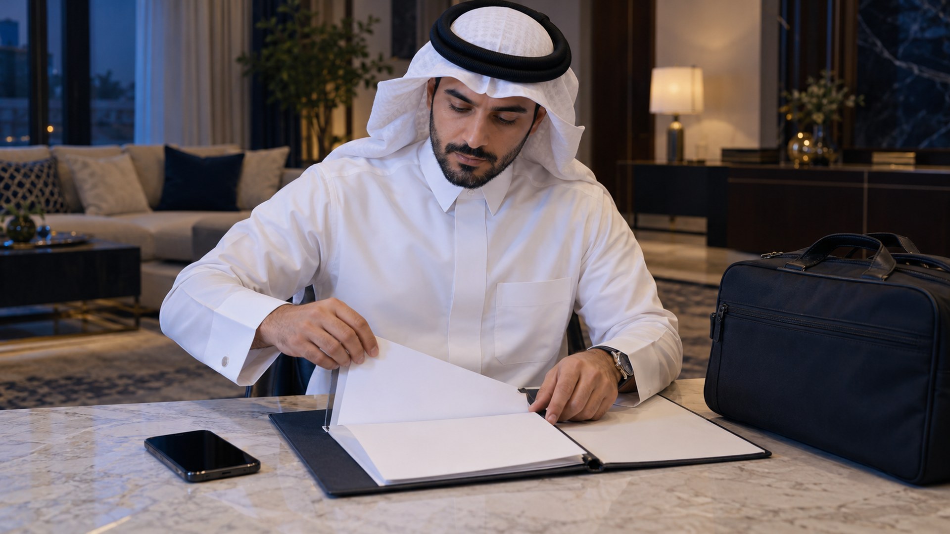 رجل سعودي في بيته يرتب ملفاً طبياً بجانب جواله وحقيبة سفر صغيرة