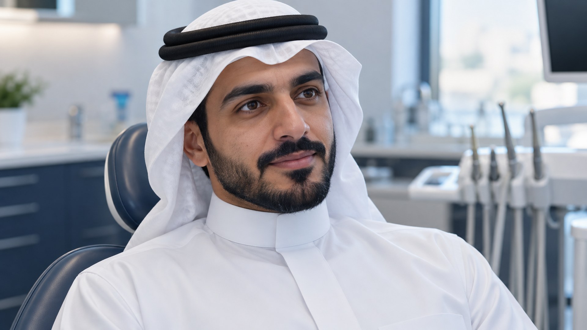 رجل سعودي يستمع باهتمام في استشارة أسنان هادئة بعيادة حديثة