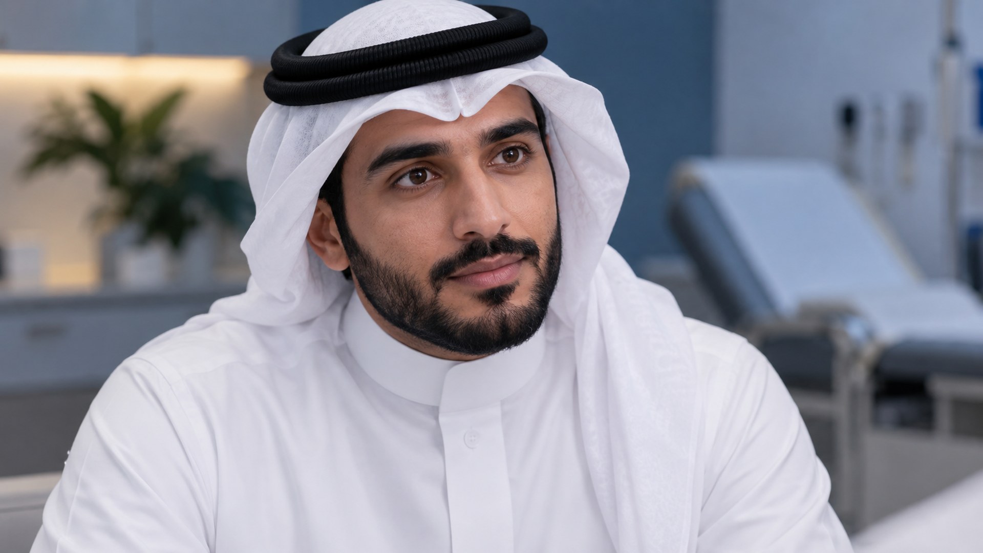رجل سعودي يستمع باهتمام في استشارة طبية هادئة