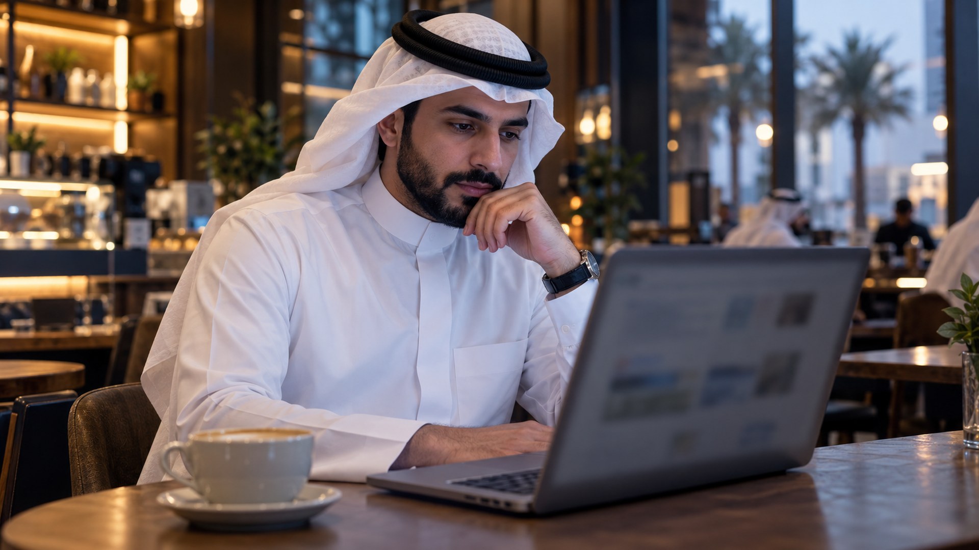 رجل سعودي يتصفح صفحة نتائج بحث على اللابتوب في مقهى