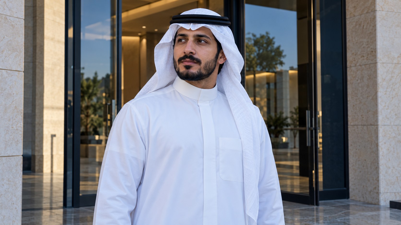 رجل سعودي يتوقف متأملاً عند مدخل مبنى عام