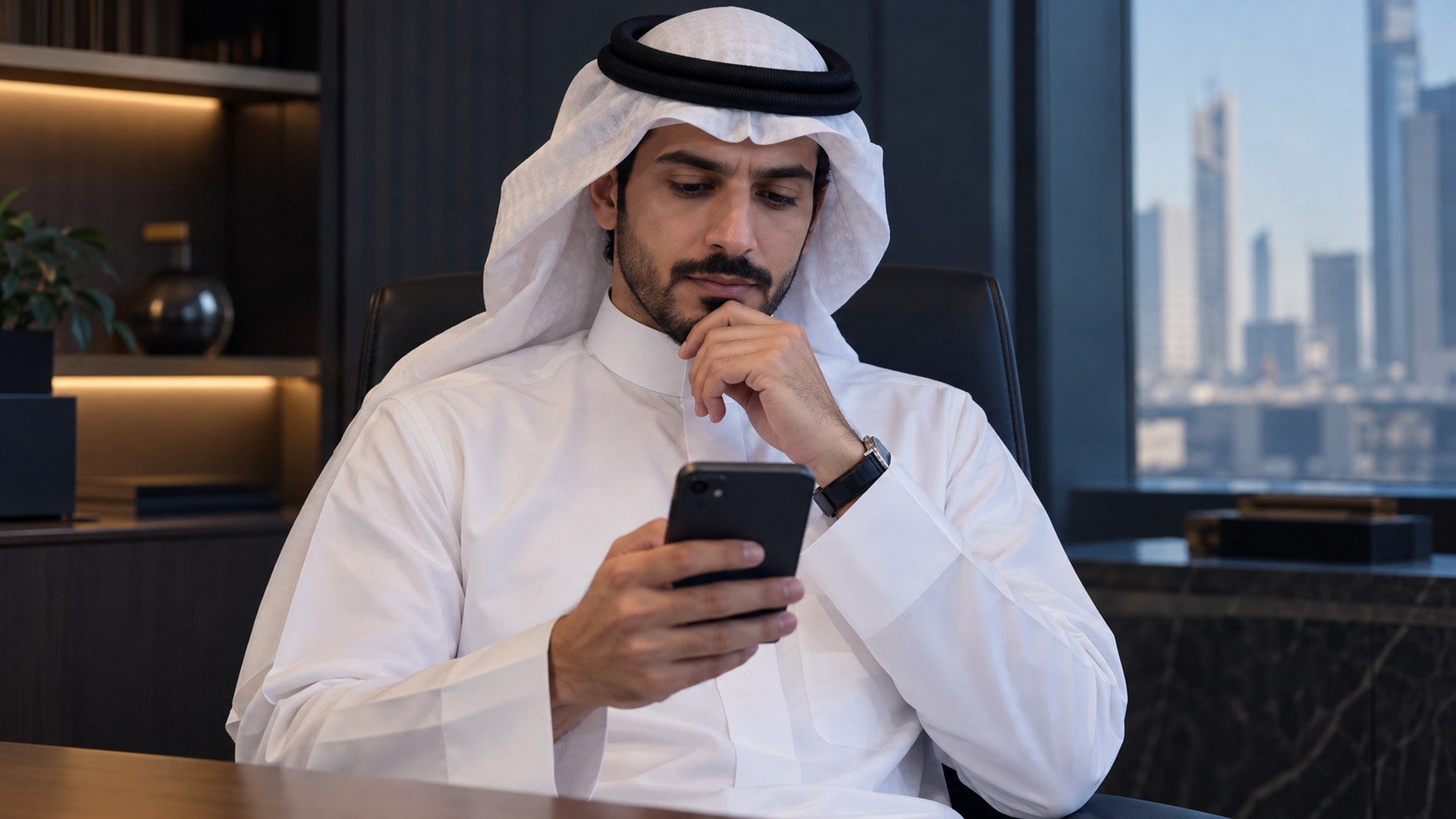 رجل سعودي يتريث قبل أن يحوّل من جواله في مكتب هادئ