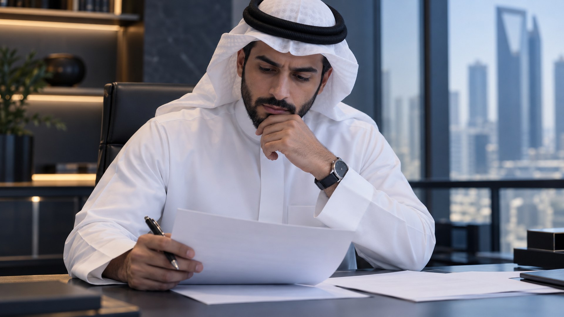 رجل سعودي يتوقف متأملاً أمام مستندات مالية على مكتبه