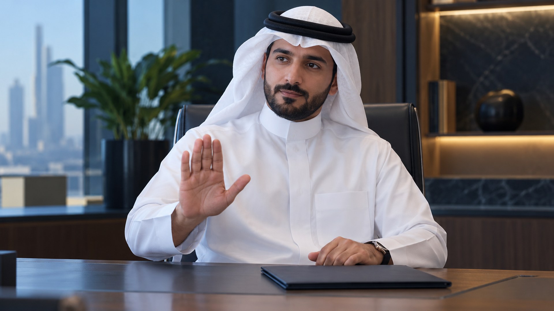 رجل سعودي يعتذر بلطف عن عرض على طاولة اجتماع