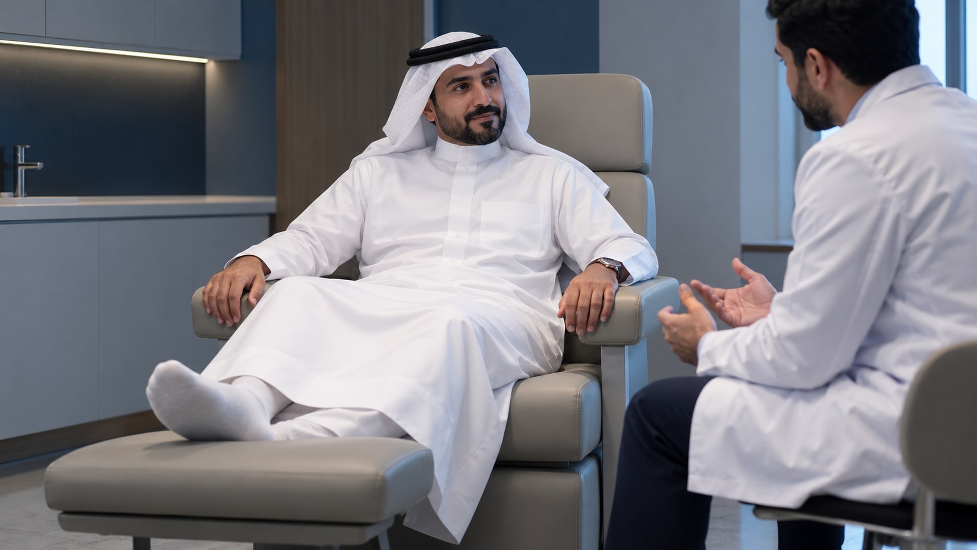 رجل سعودي مرتاح وقدمه مسنودة يستمع في استشارة طبية
