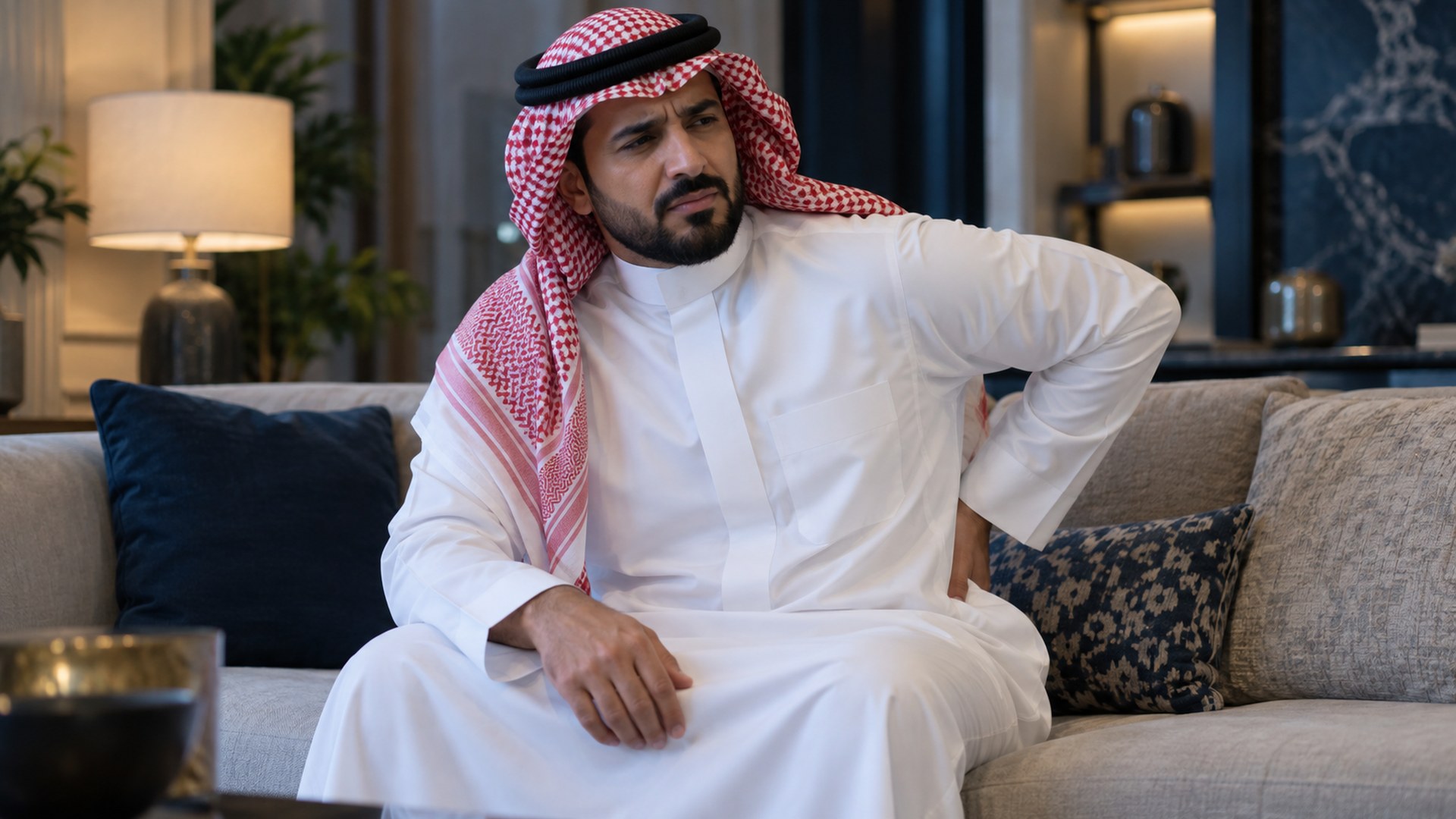 رجل سعودي في بيته يصف ألم ظهره بإشارة من يده