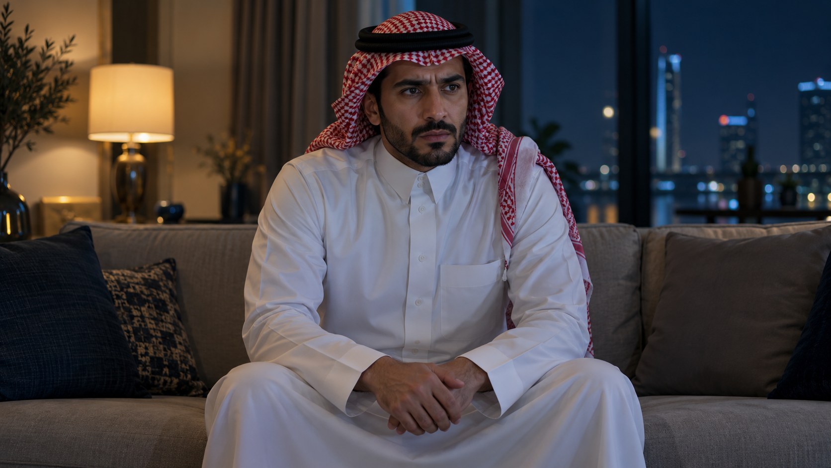 رجل سعودي جالس متوتراً ومتيقظاً في صالة هادئة ليلاً