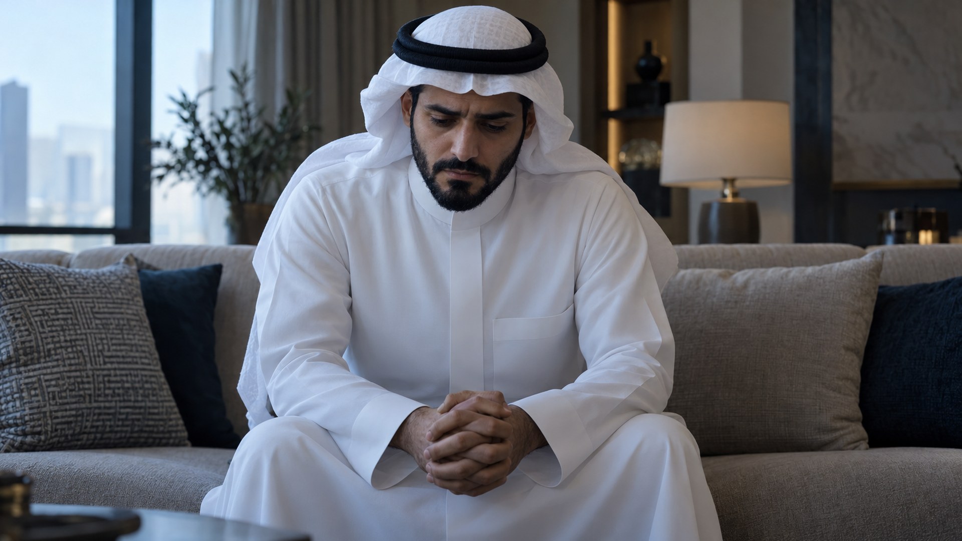 رجل سعودي في صالة هادئة بنظرة منكسرة ويدين متوترتين