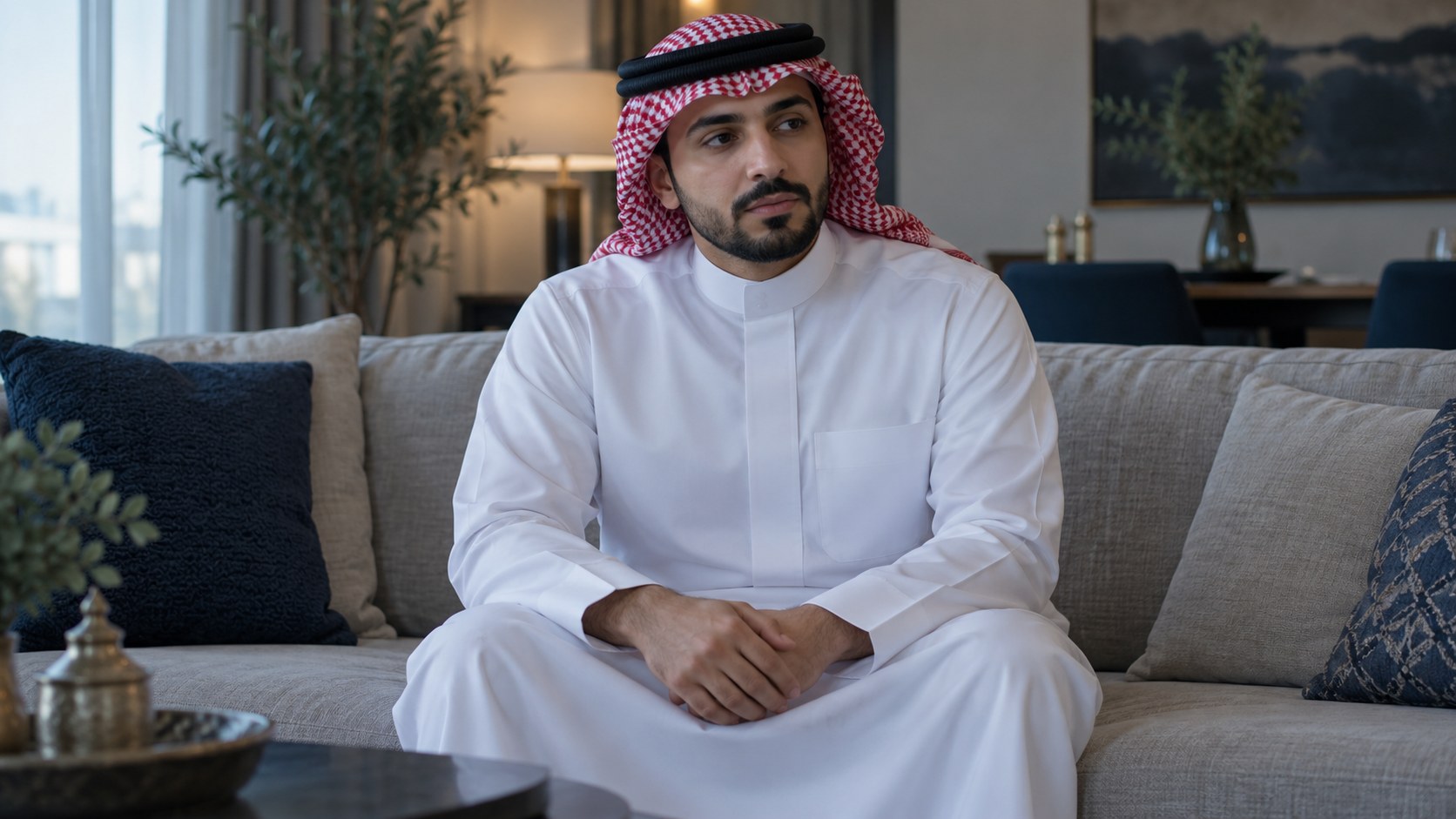 رجل سعودي شارد الذهن على الكنب وضوء النهار يملأ البيت