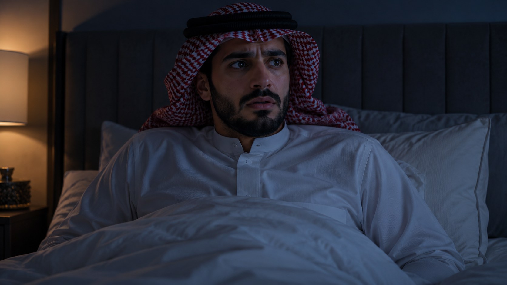 رجل سعودي جالس على السرير مستيقظاً بعد حلم مزعج