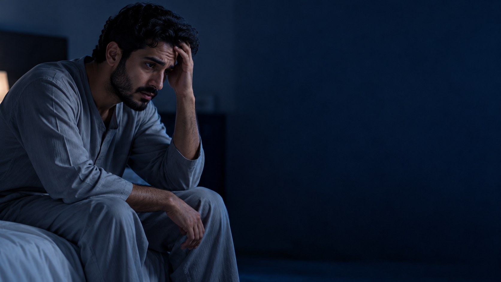 رجل سعودي جالس على طرف سريره ليلاً بنظرة مضطربة