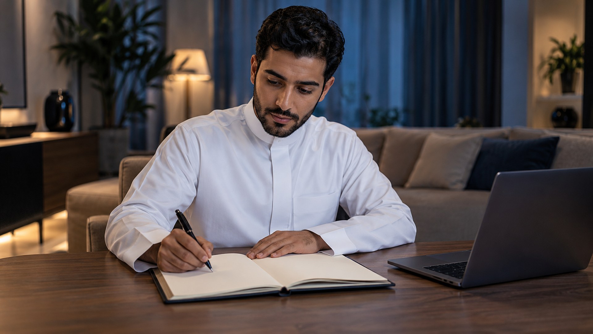 رجل سعودي في بيته يكتب أهدافه المالية في مفكرة بجانب اللابتوب