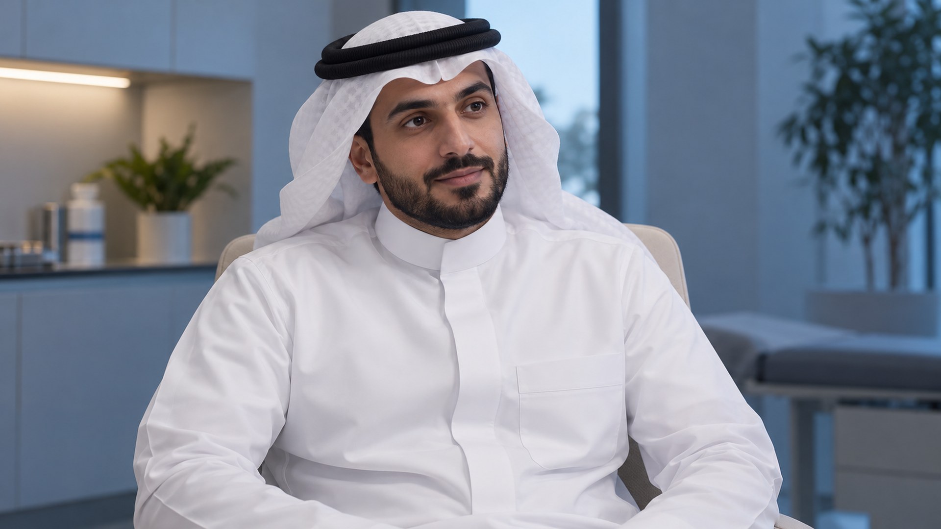 رجل سعودي جالس بارتياح في غرفة الاستشارة يستمع باهتمام