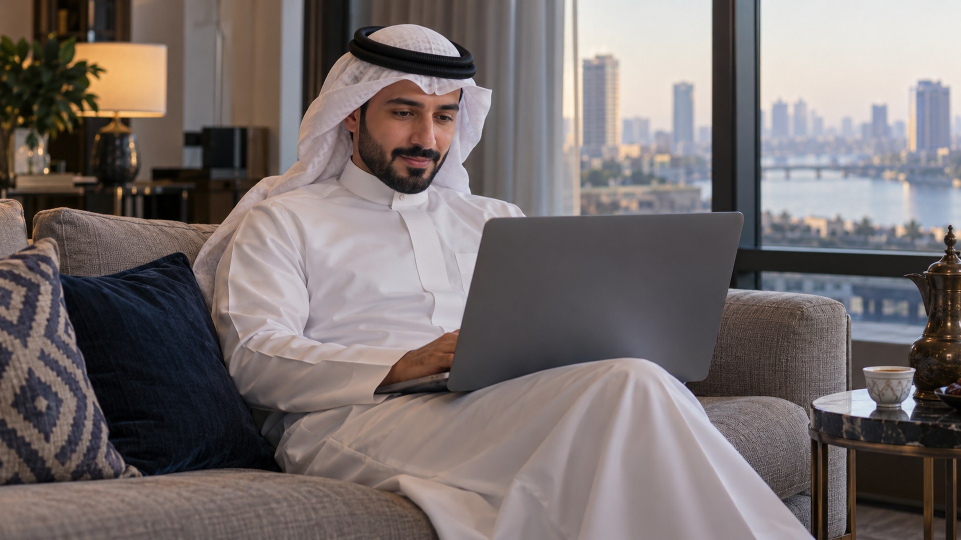 رجل سعودي على الكنب في شقة يتابع شاشة لابتوبه وبجانبه قهوة عربية