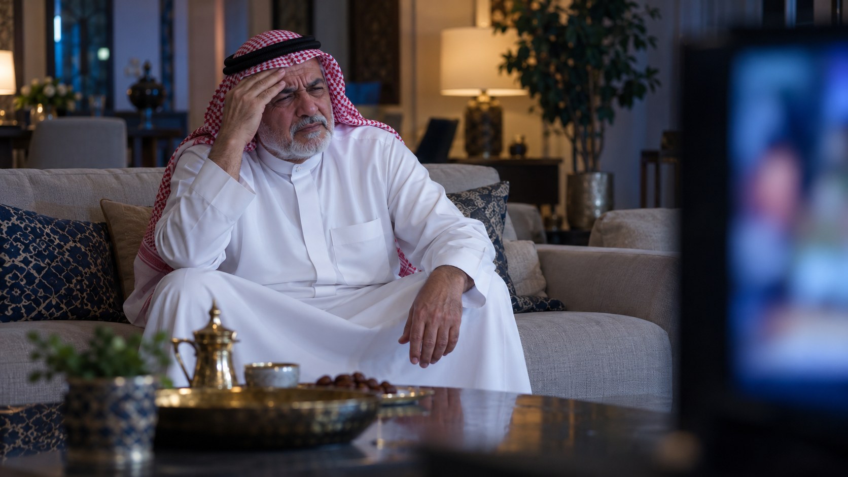 رجل سعودي في الستينات على الكنب يفرك جبينه ويضيّق عينيه أمام تلفزيون غير واضح