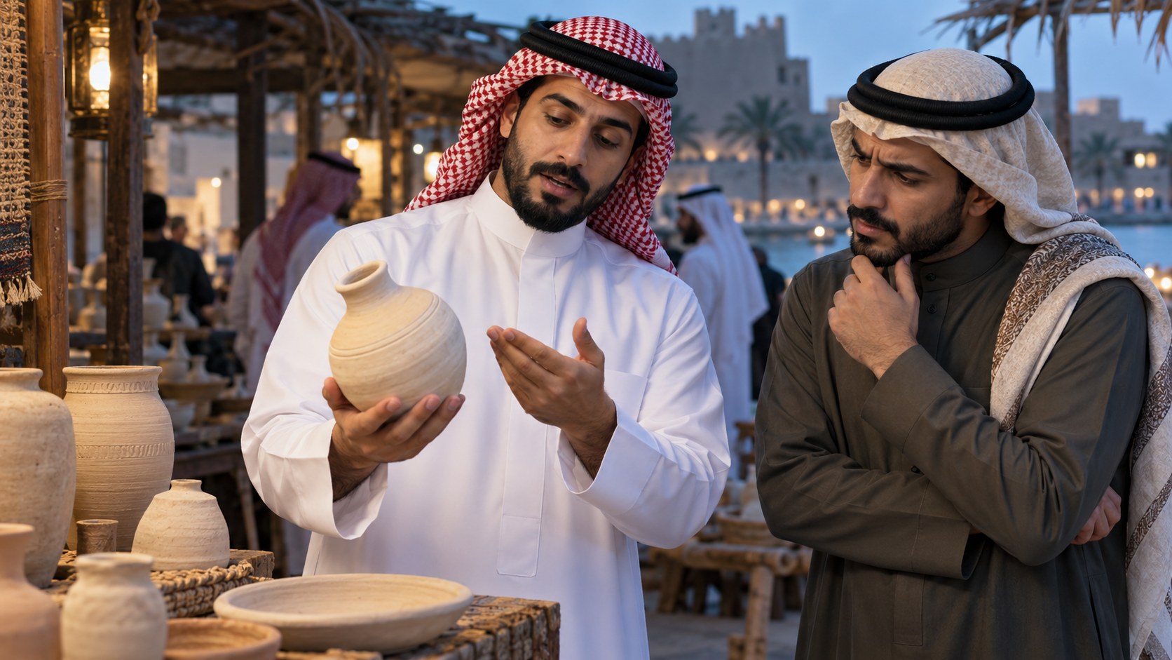 رجل سعودي في كشك صغير يشرح منتجه لزائر محتار
