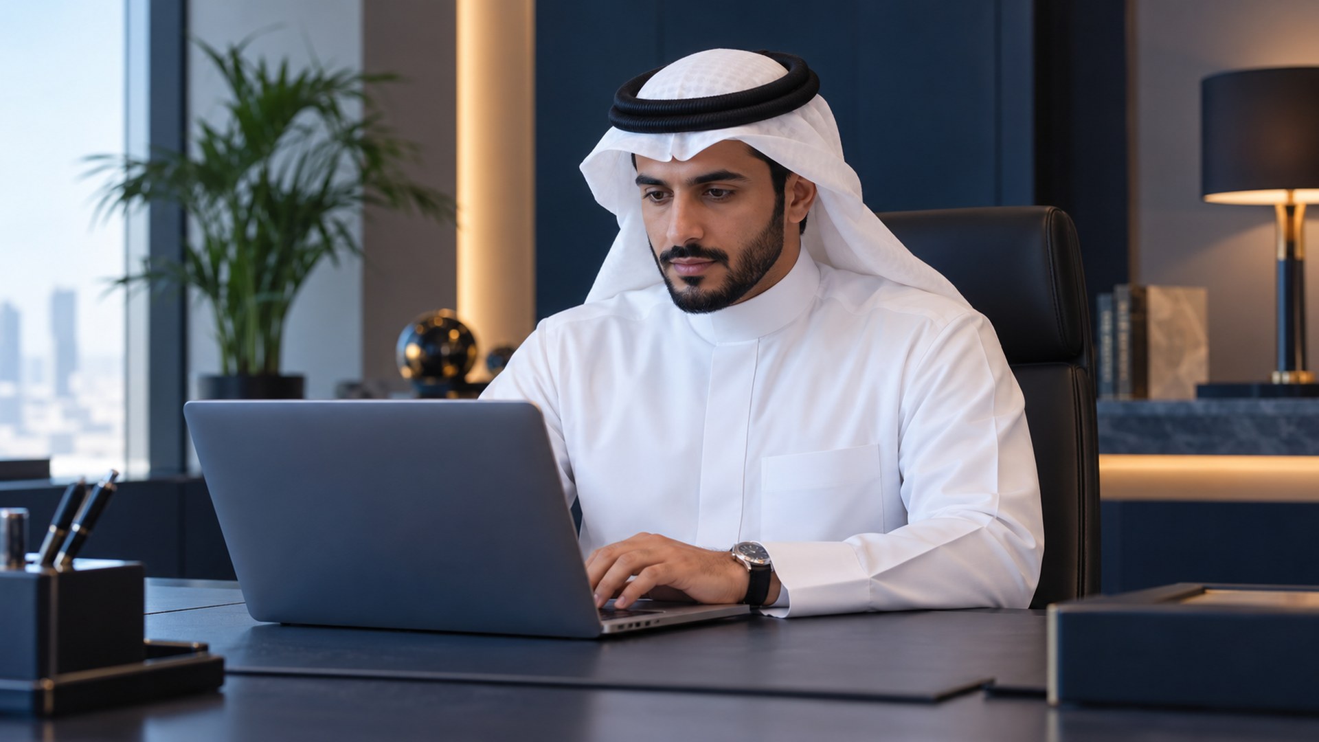 رجل سعودي بالثوب يراجع قائمة قصيرة بمواقع موثوقة على اللابتوب