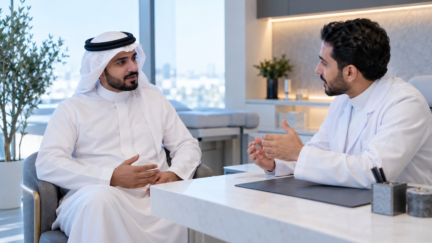 رجل سعودي بالثوب يتحدث بهدوء مع طبيب جلدية في عيادة مضيئة