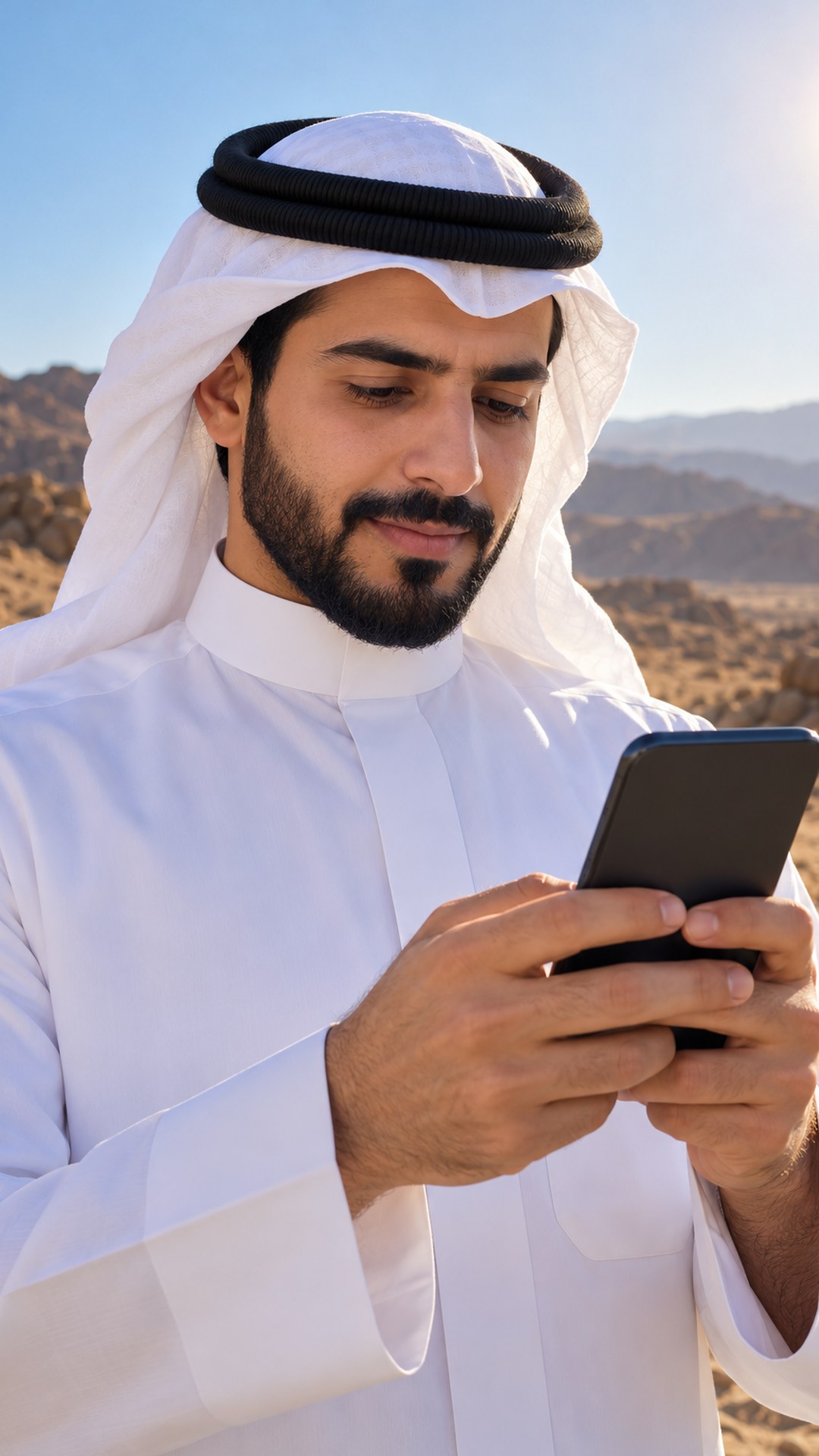 رجل سعودي بالثوب يتفقد حالة الطقس على جواله وخلفه تلال صحراوية مشمسة