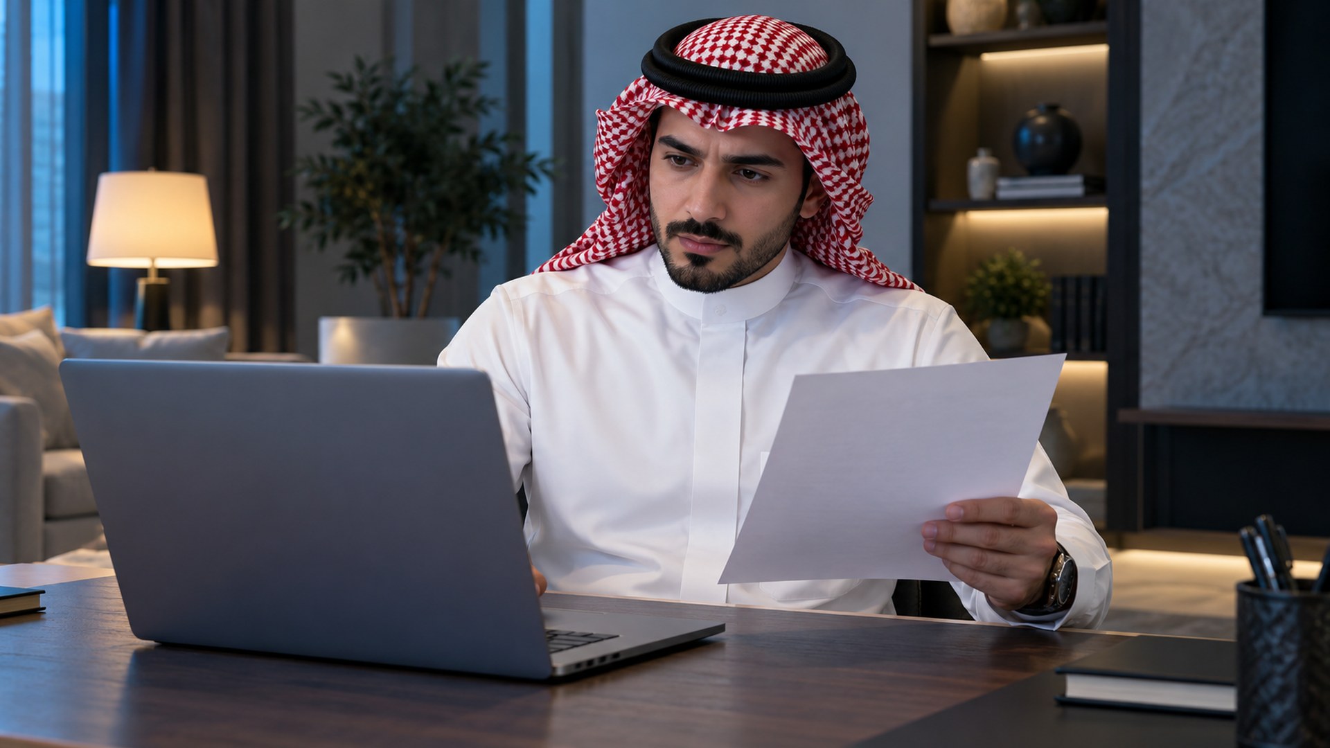 رجل سعودي بالثوب يطابق فاتورة مع المعلومات على لابتوبه في البيت