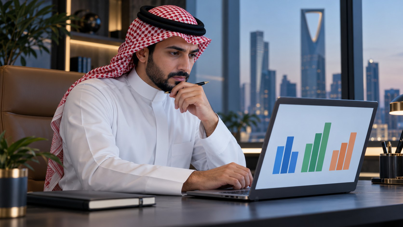 رجل سعودي بالثوب يقارن رسوماً بيانية لقنوات مختلفة على لابتوبه