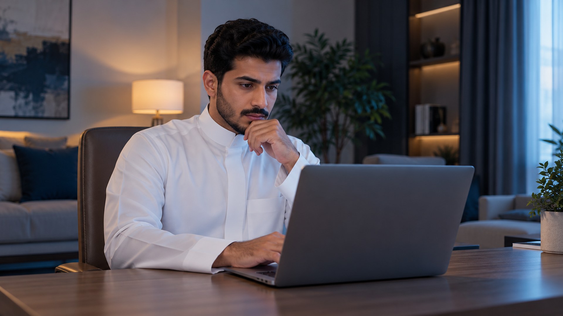 رجل سعودي بالثوب يفكر في خدمة على لابتوبه في مكتب البيت