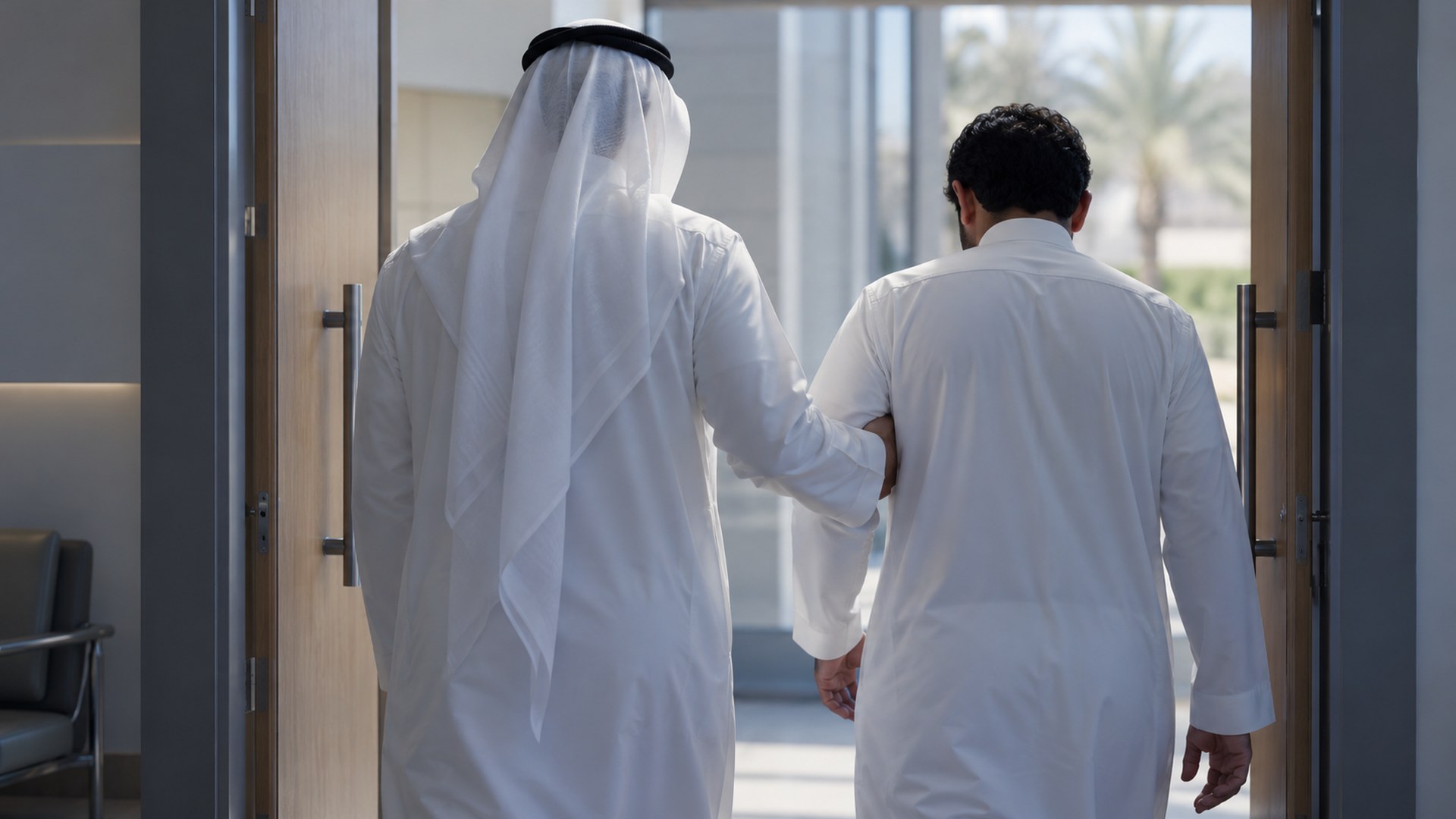رجل سعودي يسند صديقه وهما يخرجان من باب العيادة، من الخلف