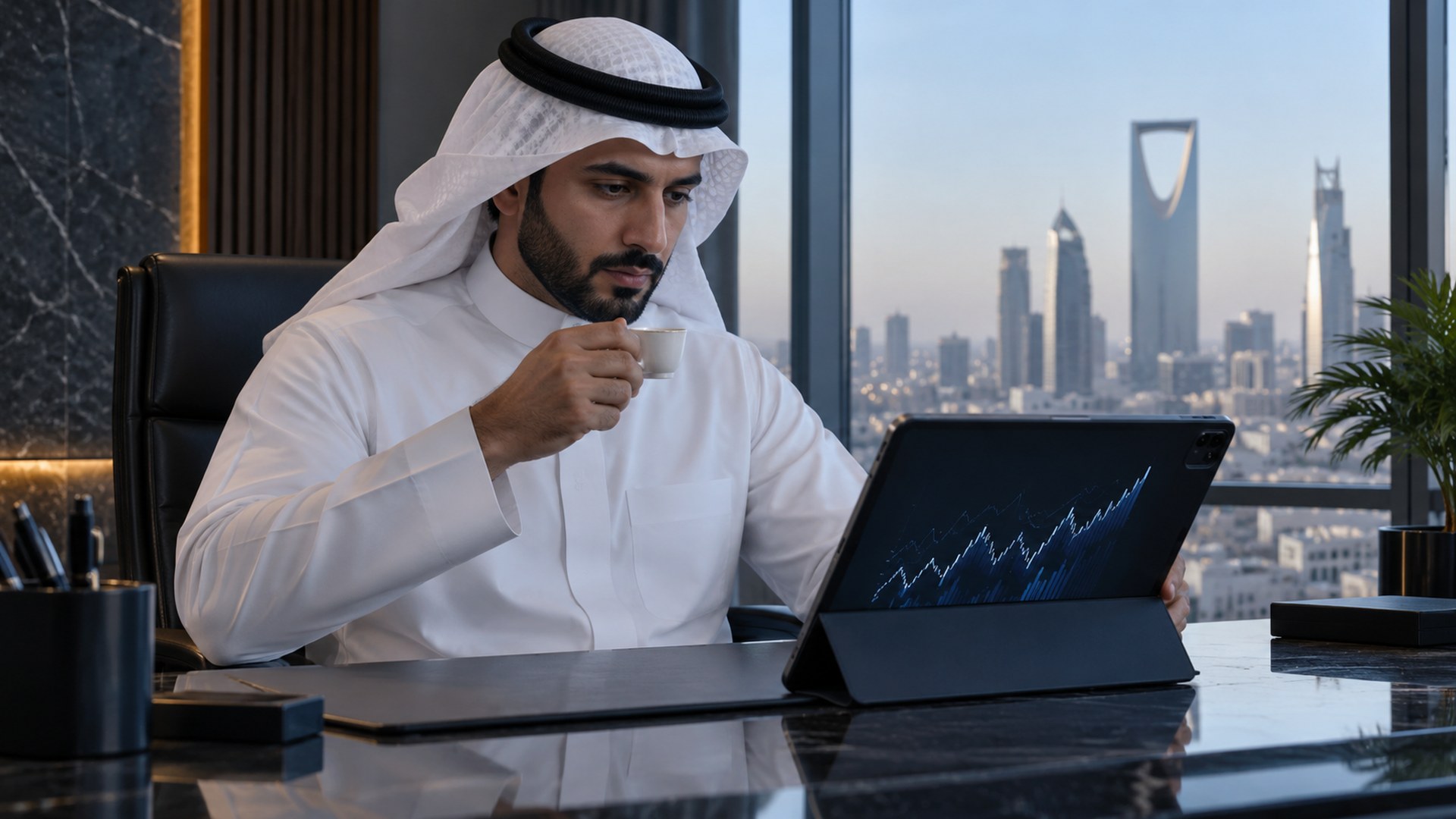رجل سعودي يمسك فنجان قهوة عربية ويراجع رسوماً مالية على جهاز لوحي