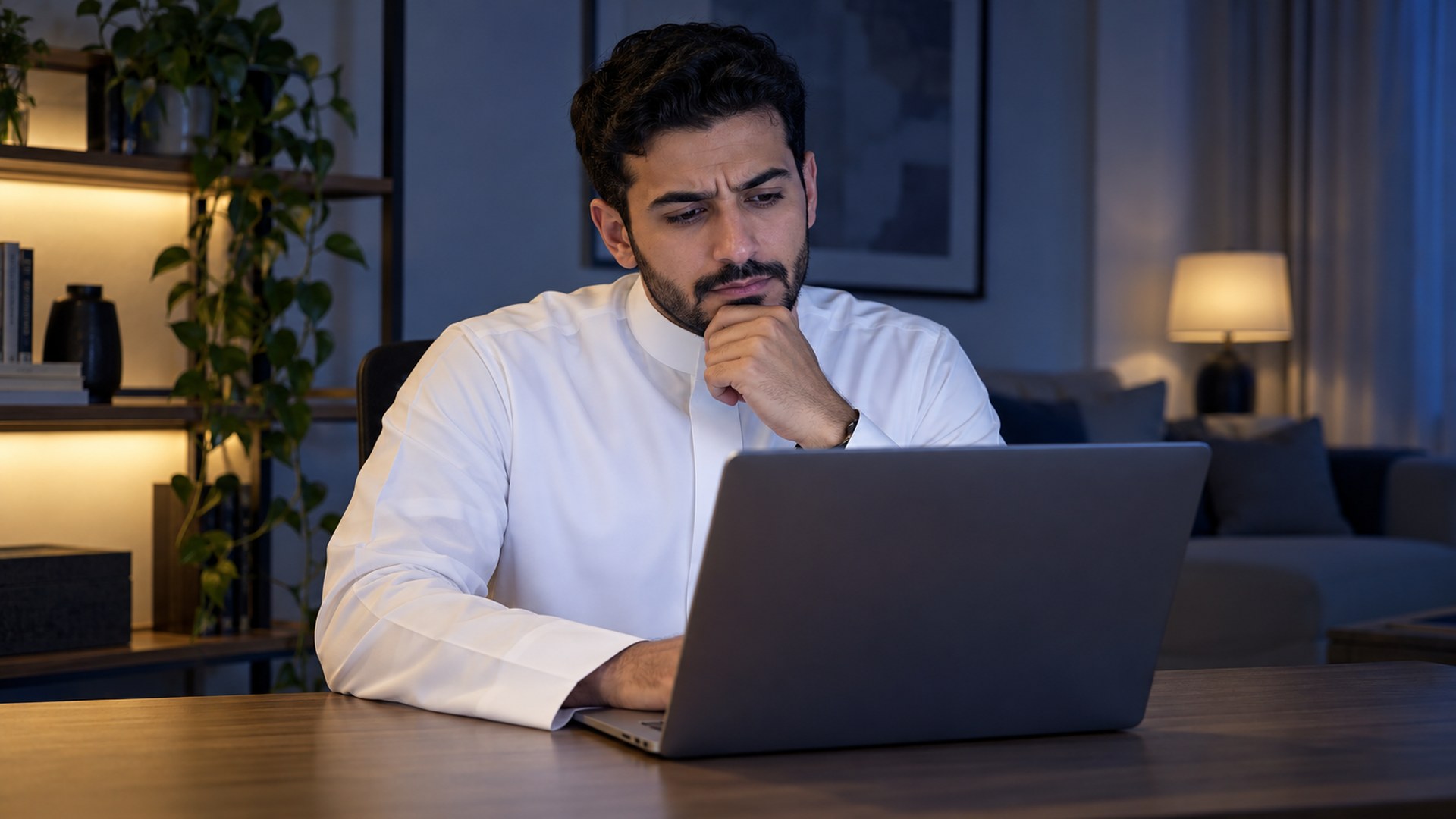 رجل سعودي بالثوب متردد أمام لابتوبه لا يعرف أي بوابة يفتح