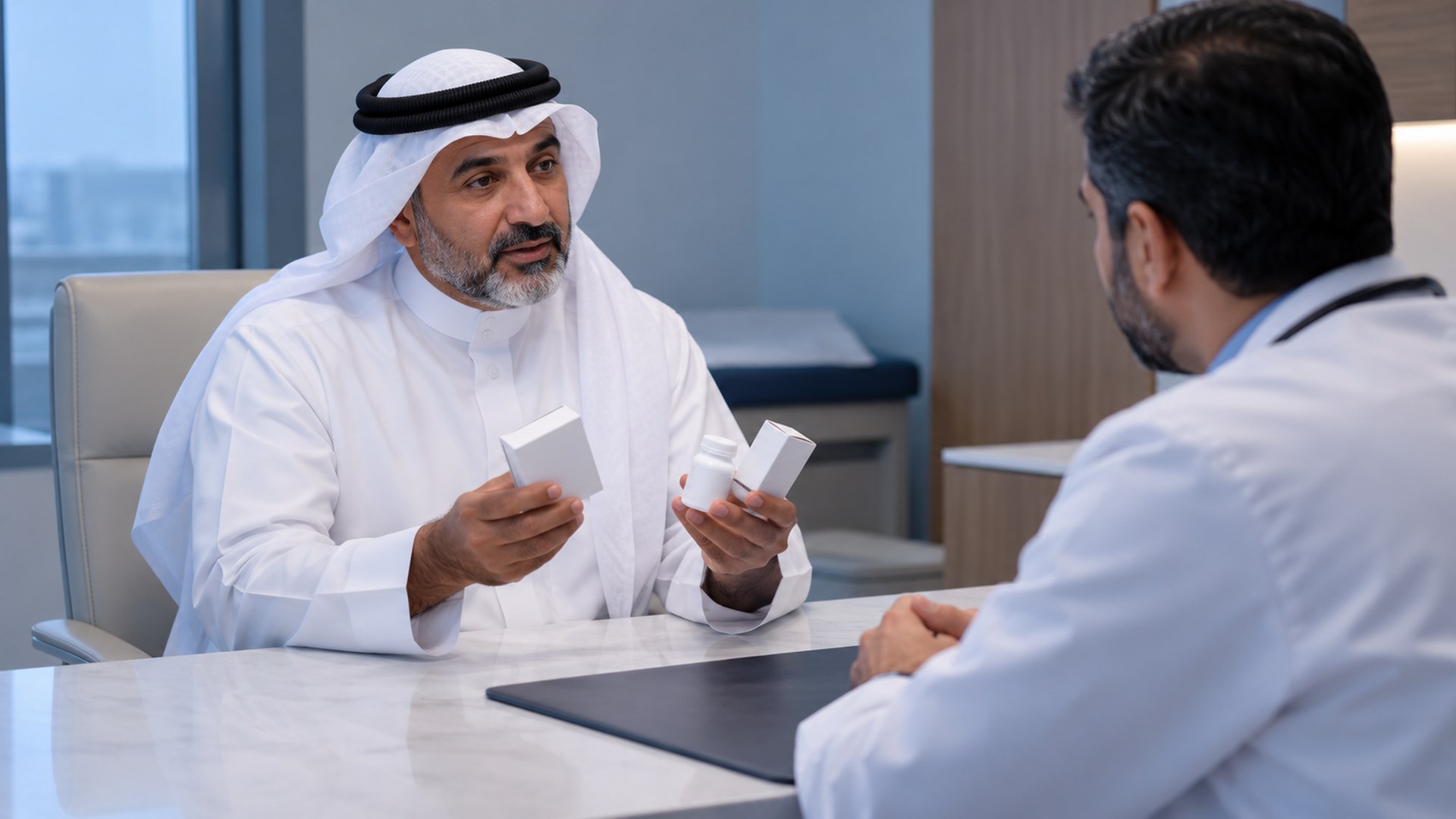رجل سعودي بالثوب يعرض علب أدويته على الطبيب في غرفة الاستشارة