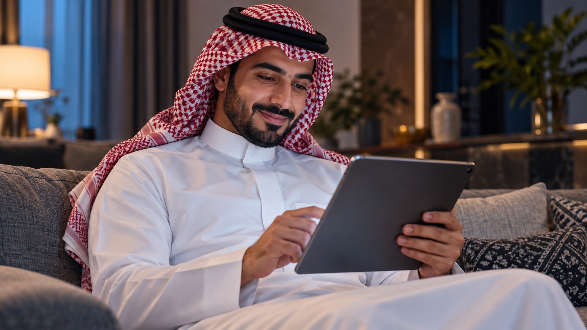 رجل سعودي يقرأ دليلاً مفيداً على جهازه اللوحي في الصالة