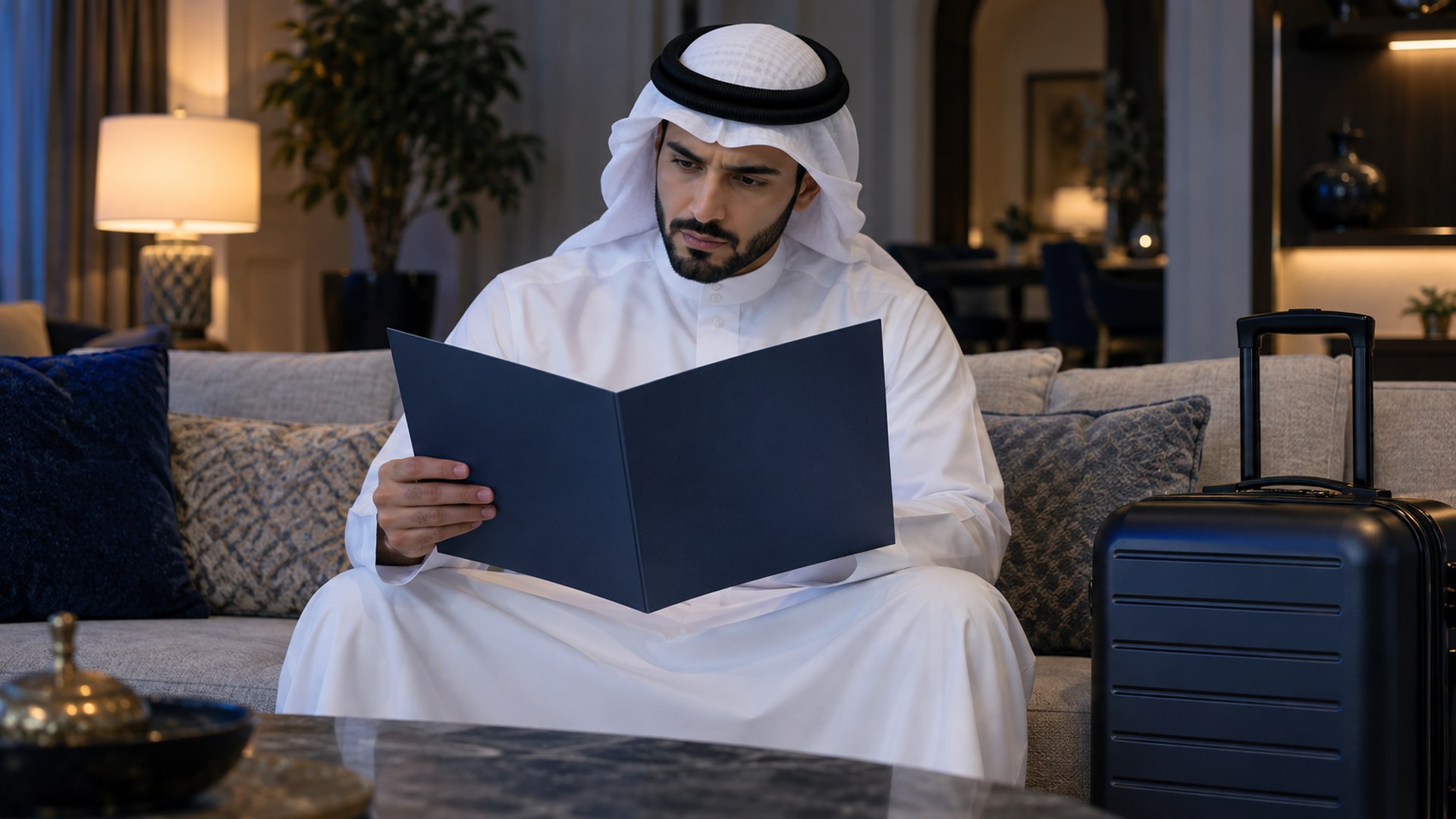 رجل سعودي بالثوب يراجع ملفاً طبياً بجانب حقيبة سفر مغلقة