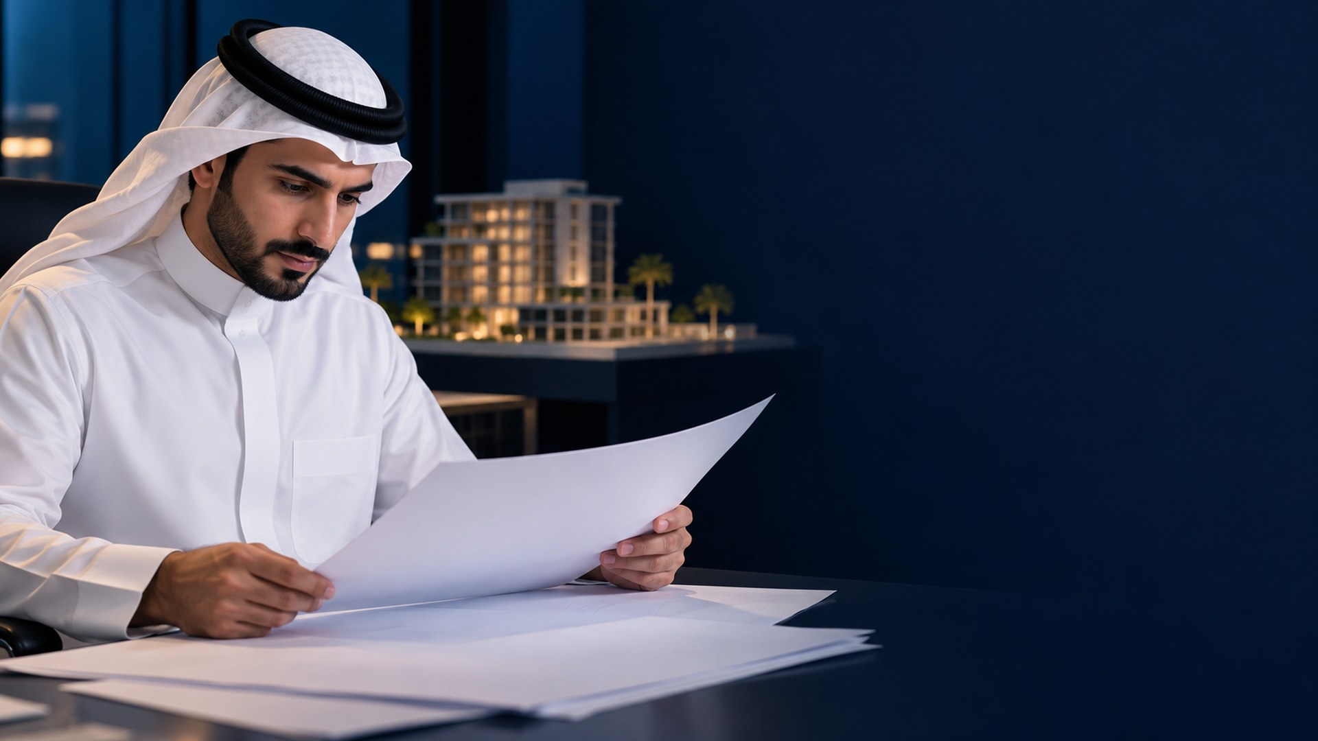 رجل سعودي بالثوب يدرس عروض أسعار إنشاء وخلفه مجسم مبنى