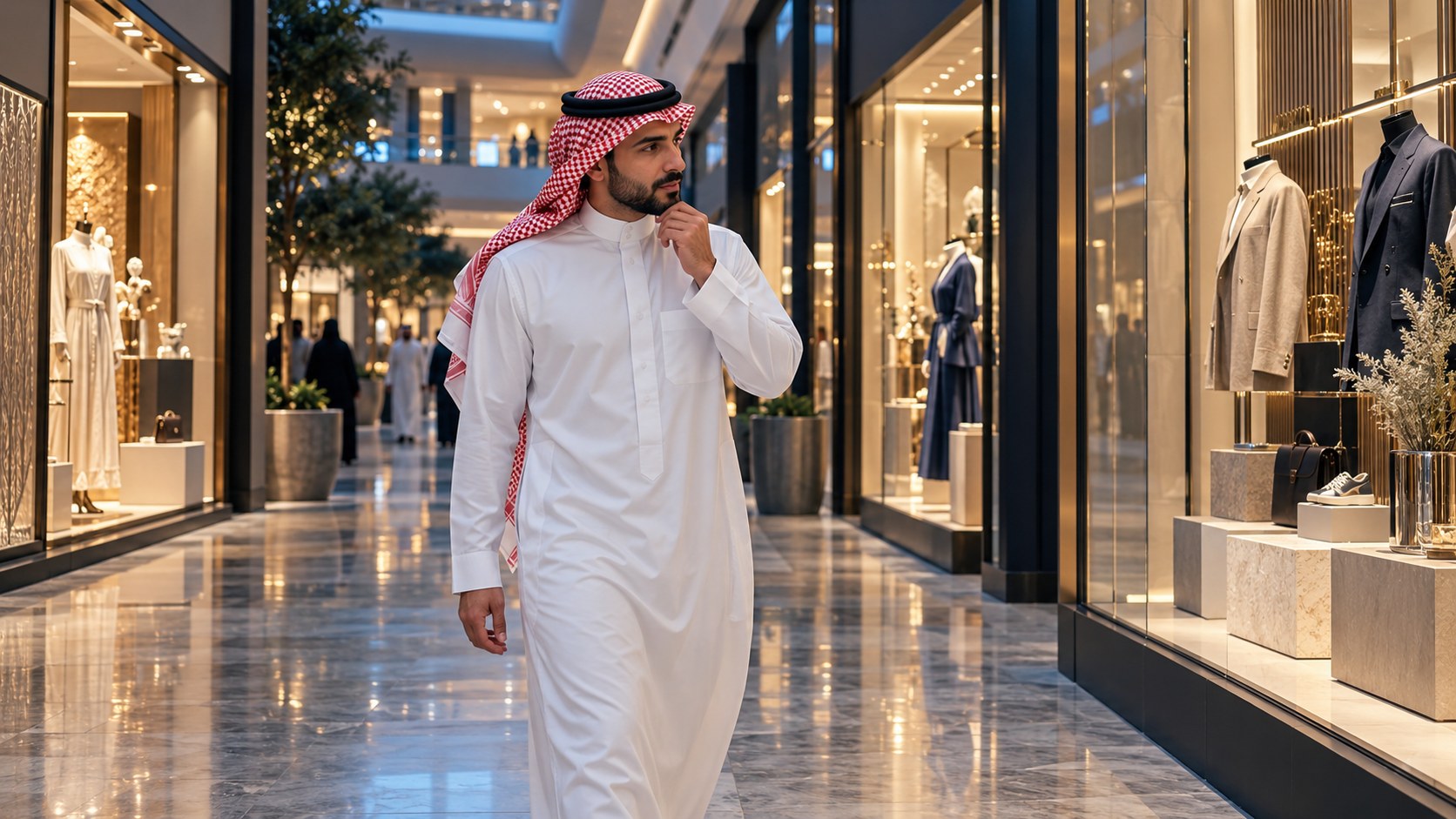 رجل سعودي يتجول في مول بالرياض ويتأمل واجهات محلات متنافسة