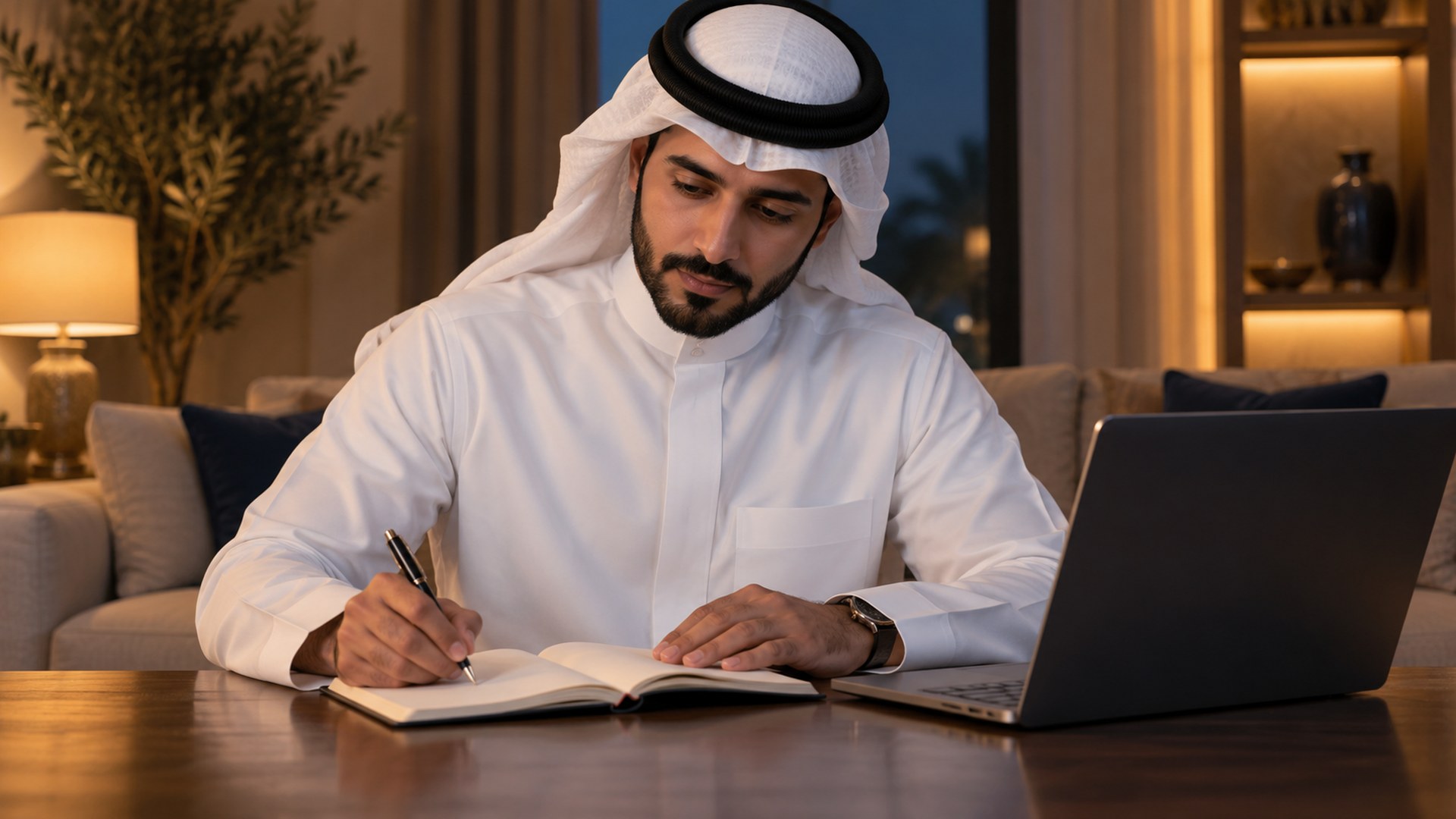 رجل سعودي يدوّن ملاحظات سفره في دفتر صغير بجانب اللابتوب