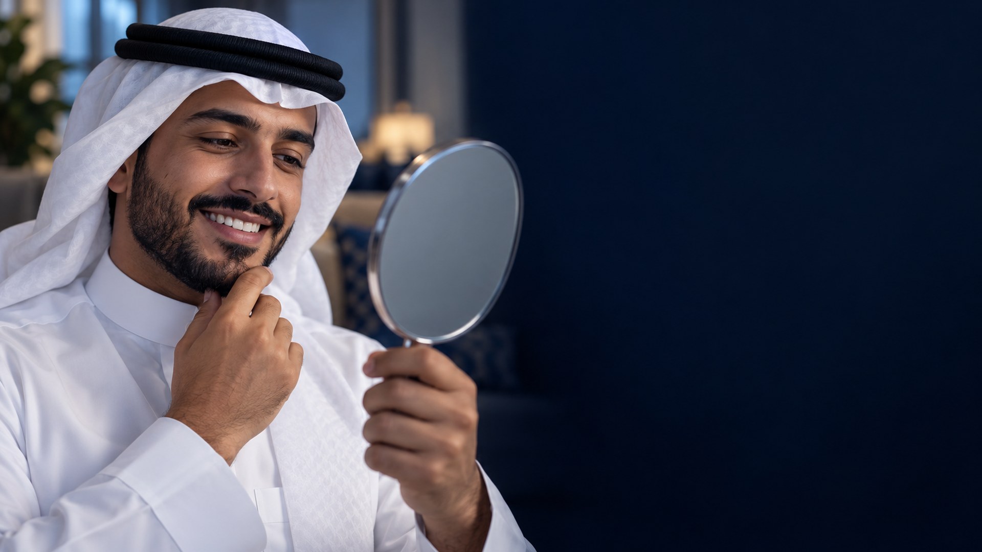 رجل سعودي يتأمل ابتسامته في مرآة يدوية في البيت
