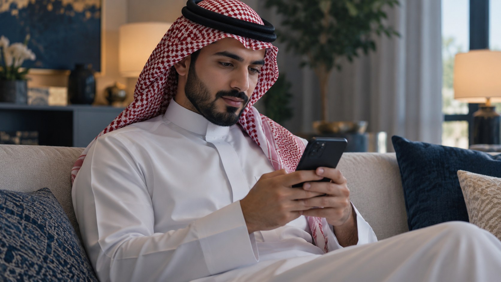 رجل سعودي على الكنب يتابع مواعيد المباريات على جواله