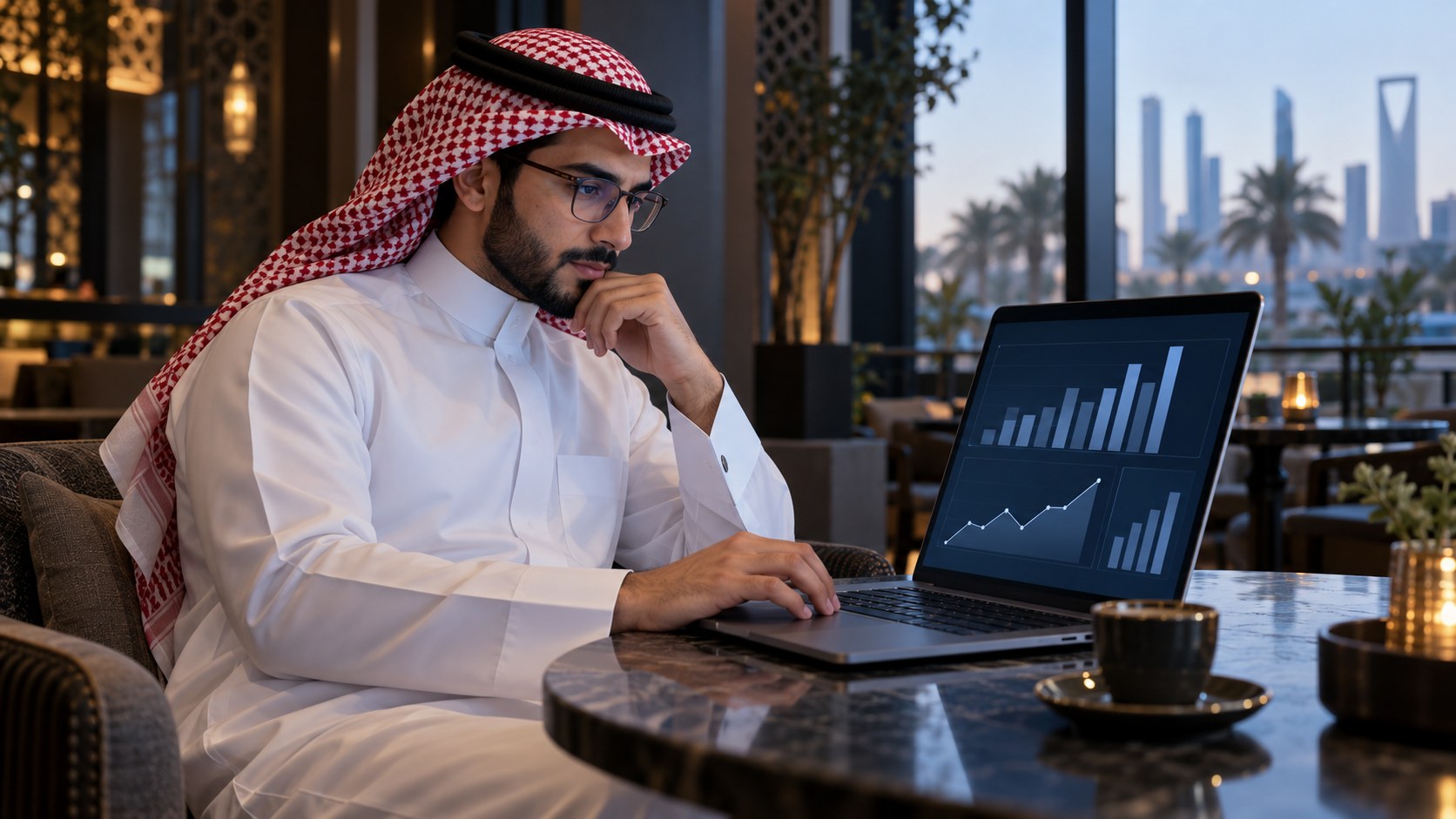 رجل سعودي بنظارة يتابع لوحة بيانات منظمة على اللابتوب في مقهى هادئ