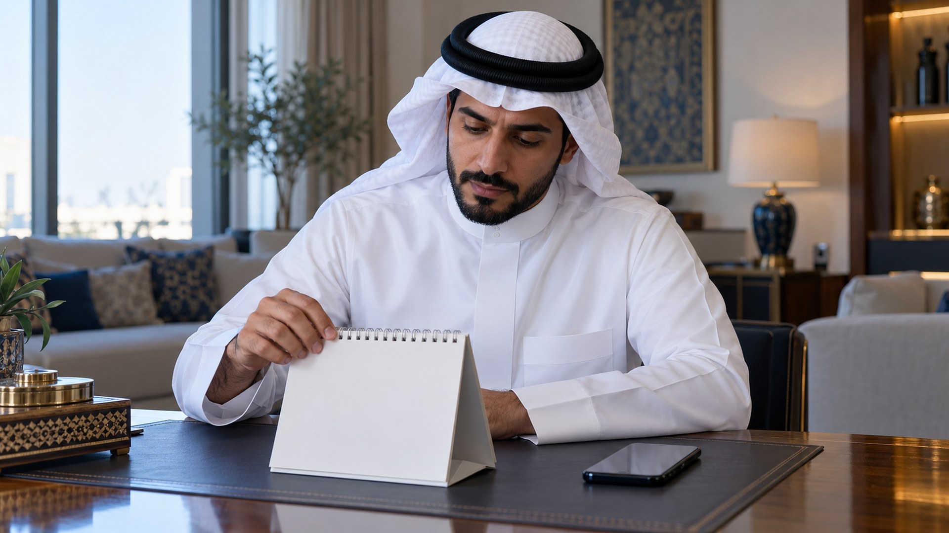 رجل سعودي بثوب أبيض يتفقد تقويماً مكتبياً بجانب جواله في البيت