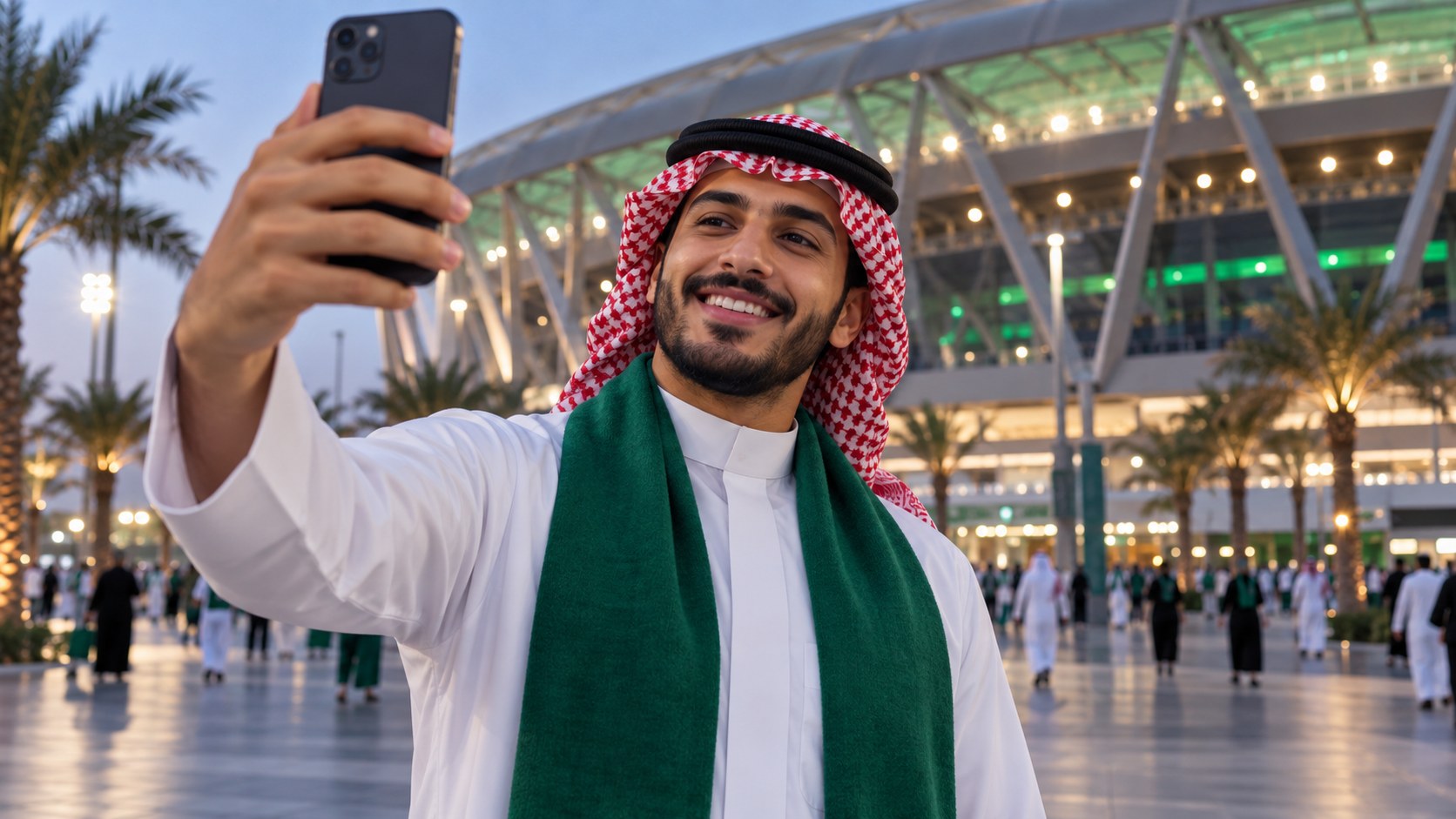 مشجع سعودي بوشاح أخضر يلتقط صورة سيلفي أمام ملعب في جدة يوم المباراة